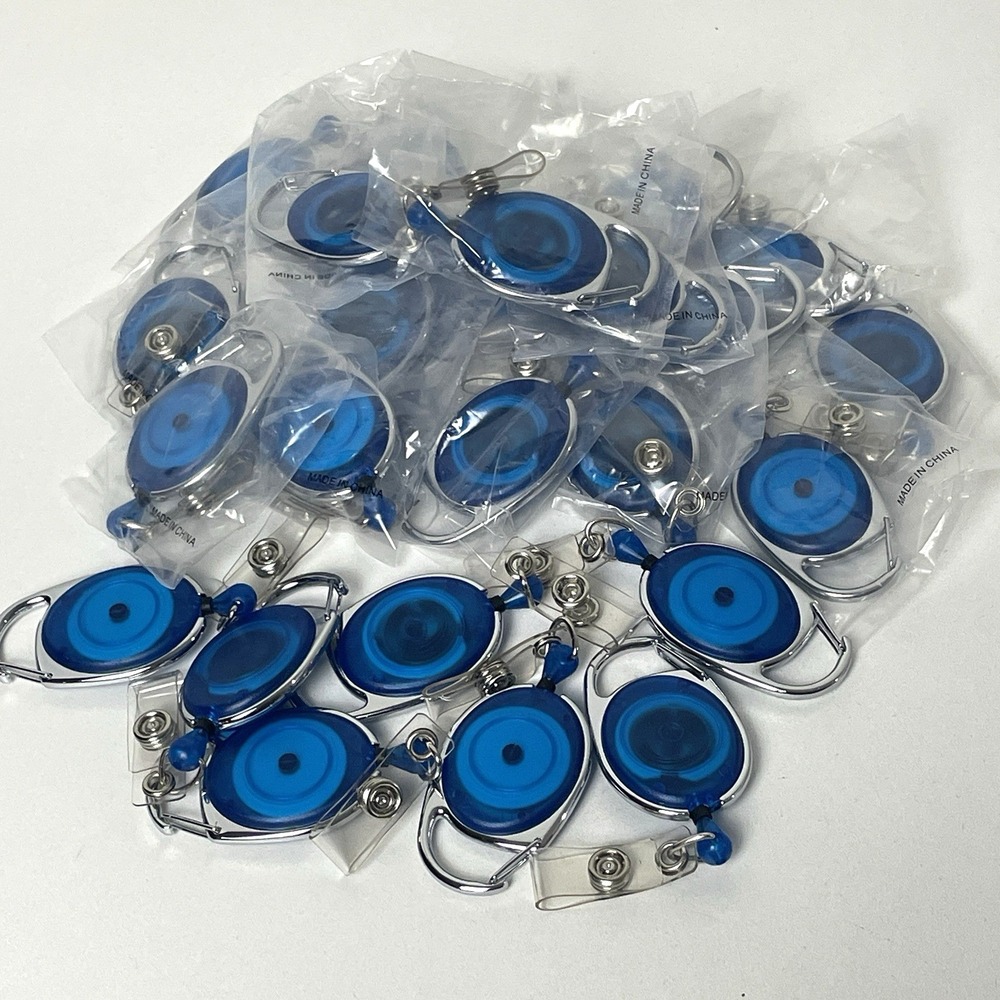 25 Pack Premium Retractable Reel Carabiner Badge ID Holder Blue Silver